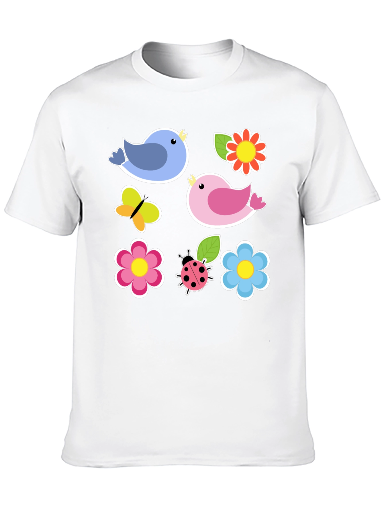 Cute Spring Bird & Floral Graphic Black T-Shirt