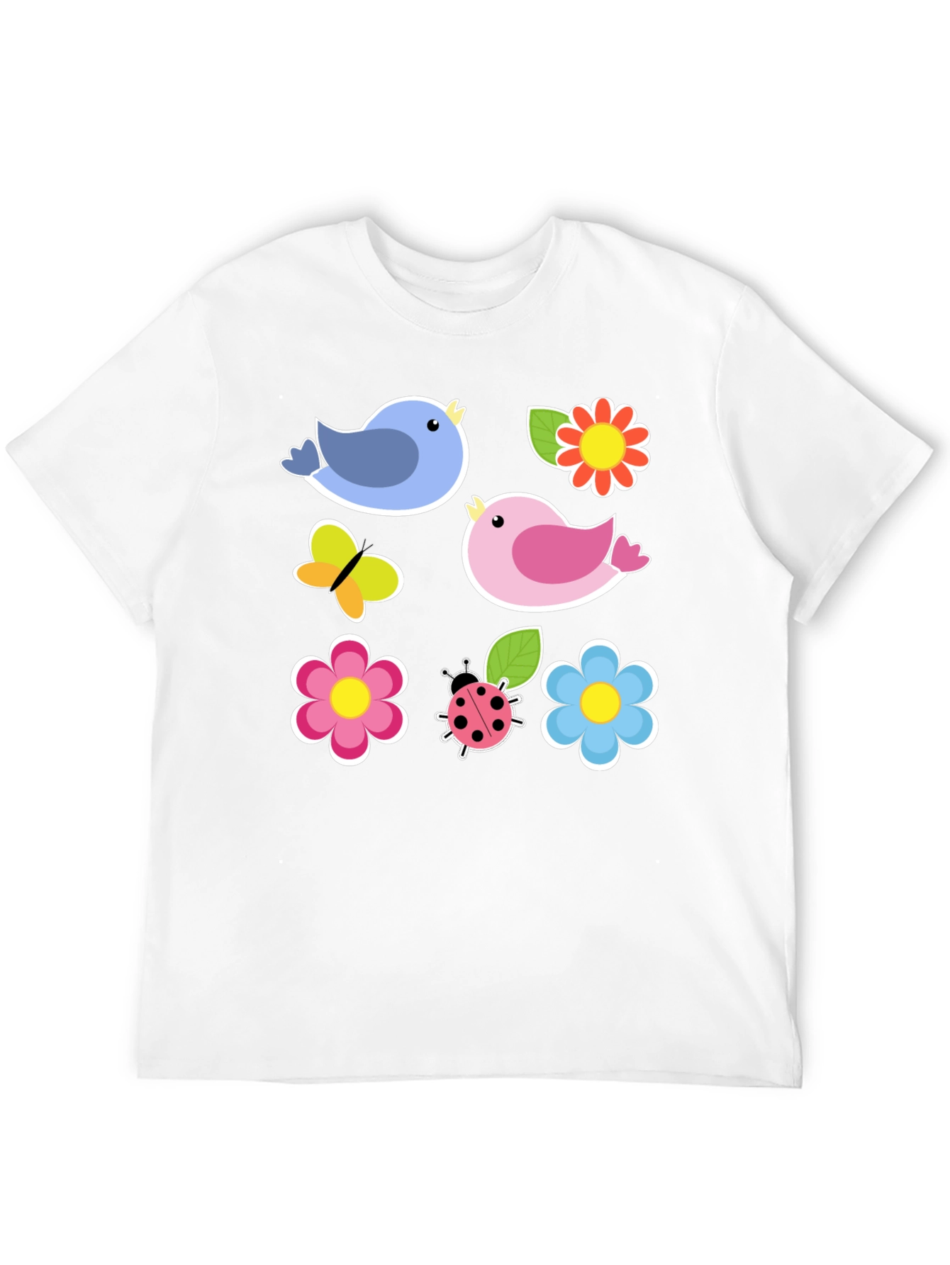 Cute Spring Bird & Floral Graphic Black T-Shirt