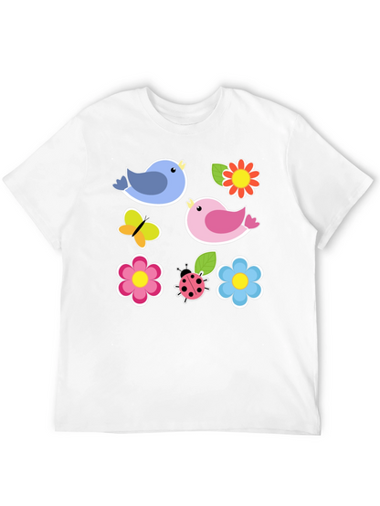 Cute Spring Bird & Floral Graphic Black T-Shirt