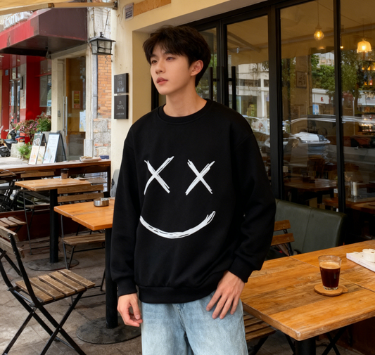 Minimalist Edgy X-Eye Smiley Graphic Sweatshirt