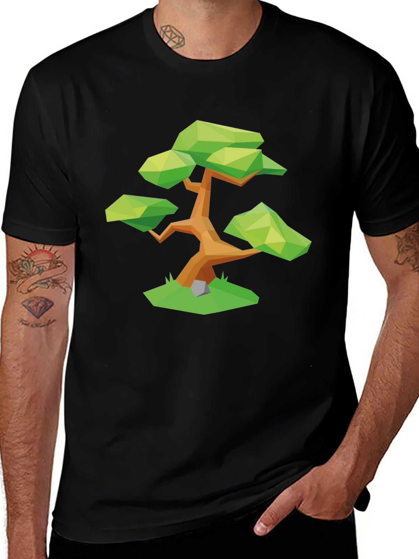 Geometric Bonsai Tree Graphic Tee - Stylish Black T-Shirt
