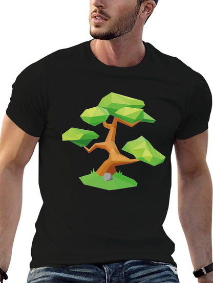 Geometric Bonsai Tree Graphic Tee - Stylish Black T-Shirt