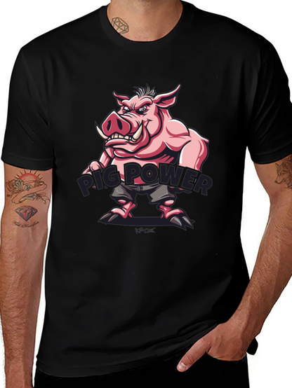 Pig Power Cartoon Graphic T-Shirt