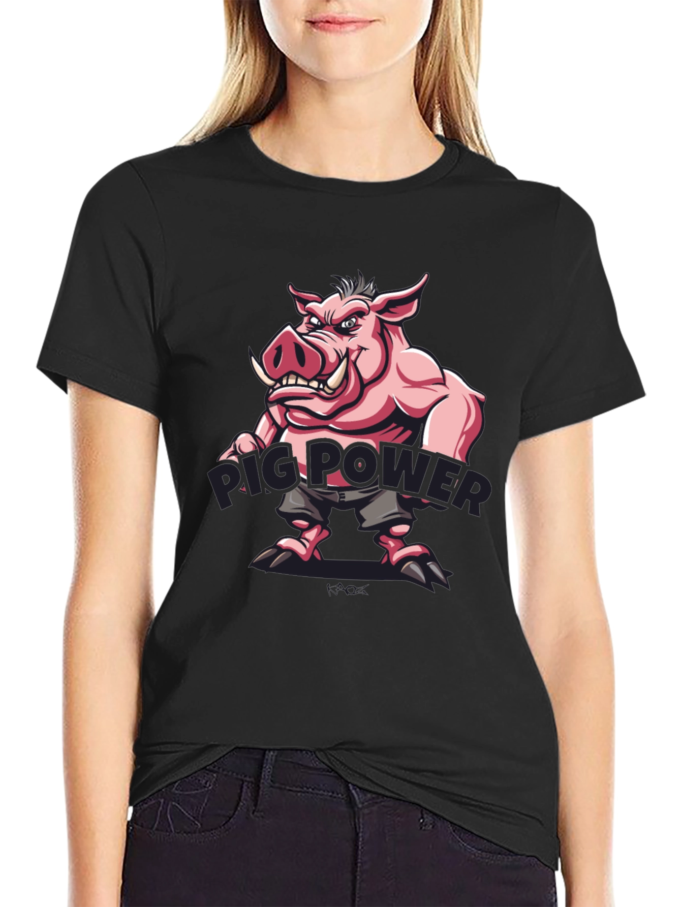 Pig Power Cartoon Graphic T-Shirt