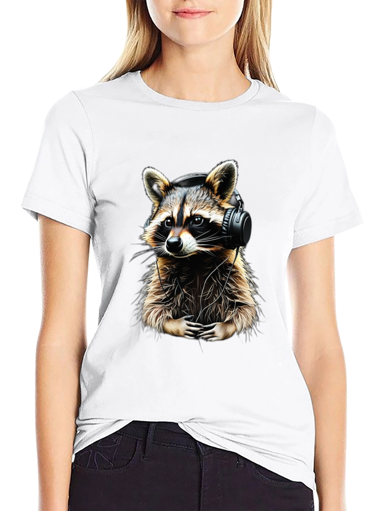 Raccoon DJ Graphic Tee - Black Crewneck Cotton T-Shirt
