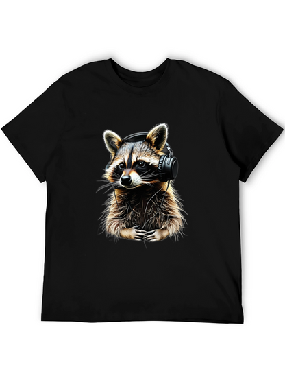 Raccoon DJ Graphic Tee - Black Crewneck Cotton T-Shirt