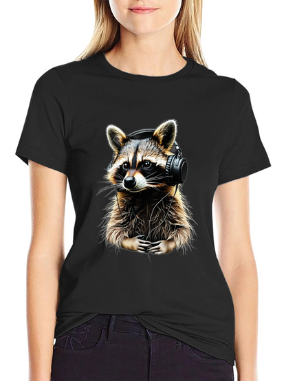 Raccoon DJ Graphic Tee - Black Crewneck Cotton T-Shirt