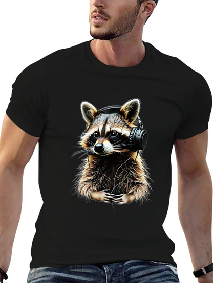 Raccoon DJ Graphic Tee - Black Crewneck Cotton T-Shirt