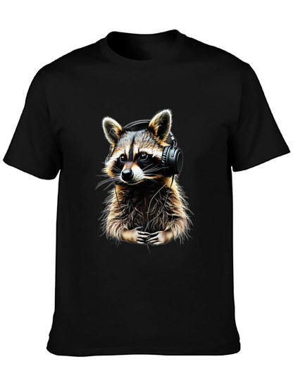 Raccoon DJ Graphic Tee - Black Crewneck Cotton T-Shirt