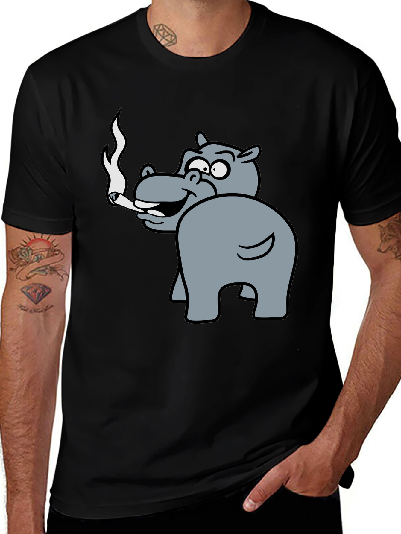 Smoking Hippo Graphic Tee - Unisex Black T-Shirt