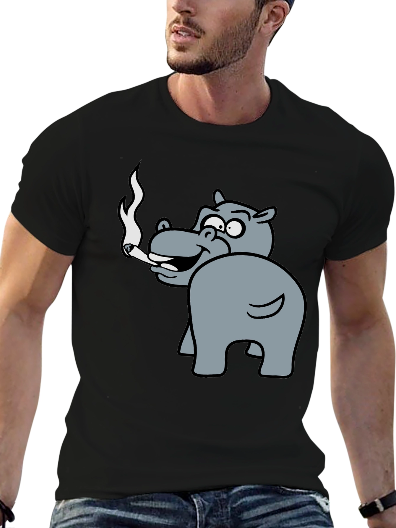 Smoking Hippo Graphic Tee - Unisex Black T-Shirt
