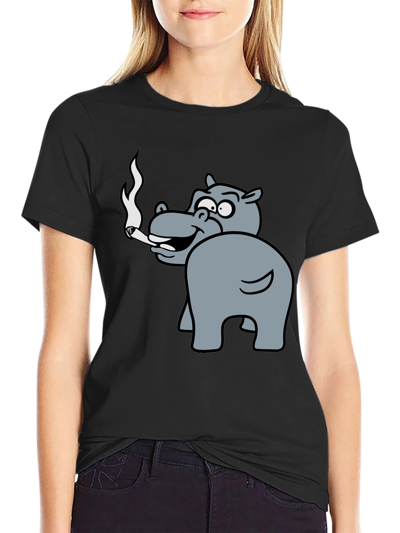 Smoking Hippo Graphic Tee - Unisex Black T-Shirt