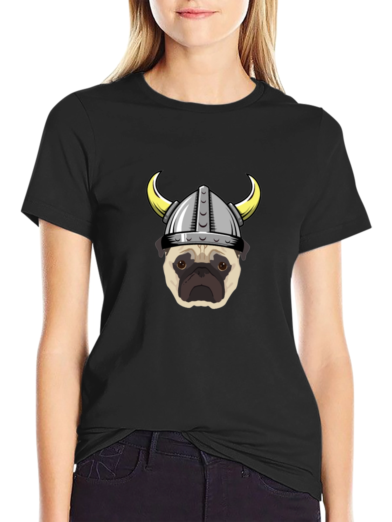Viking Pug Graphic Tee - Black Cotton T-Shirt