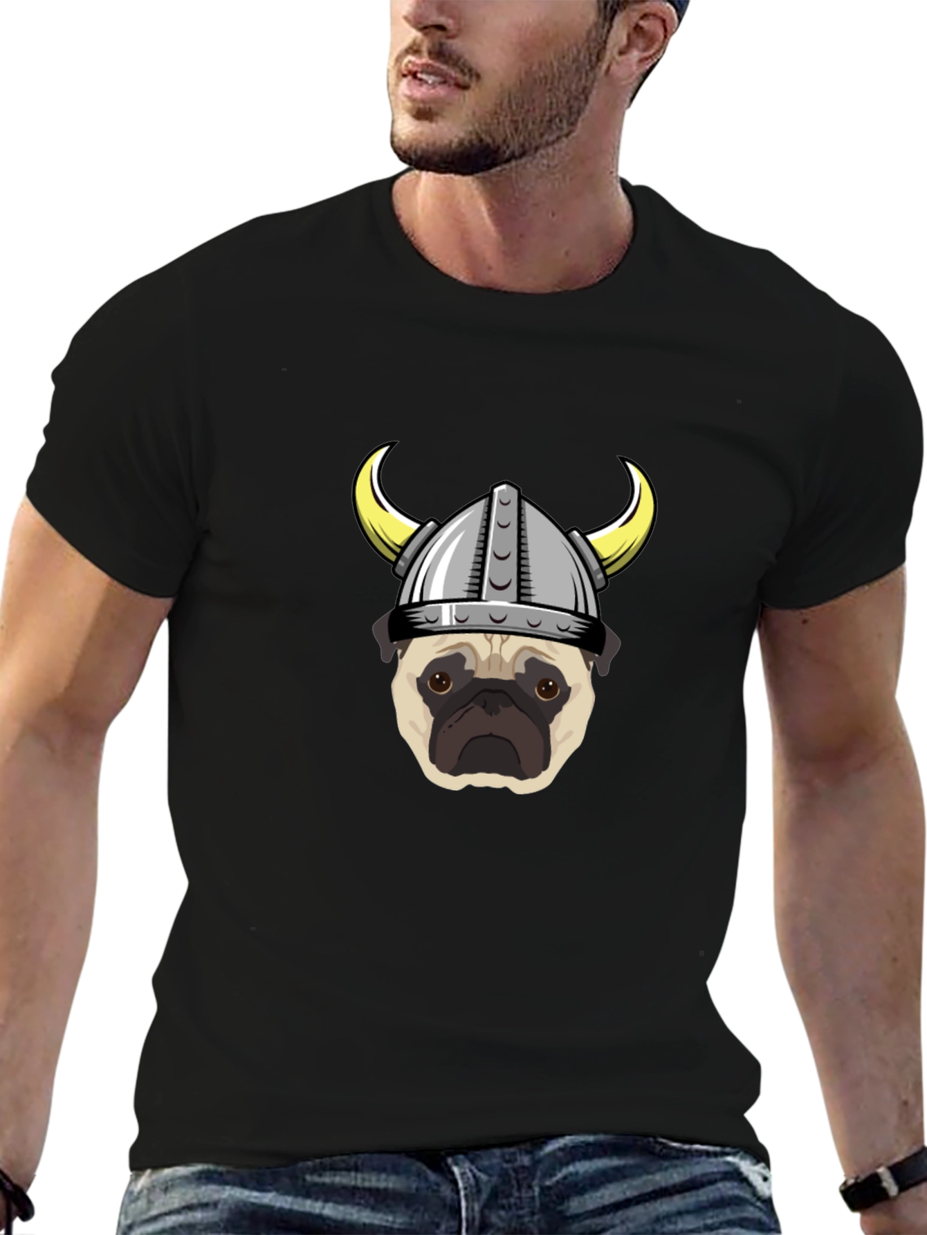 Viking Pug Graphic Tee - Black Cotton T-Shirt