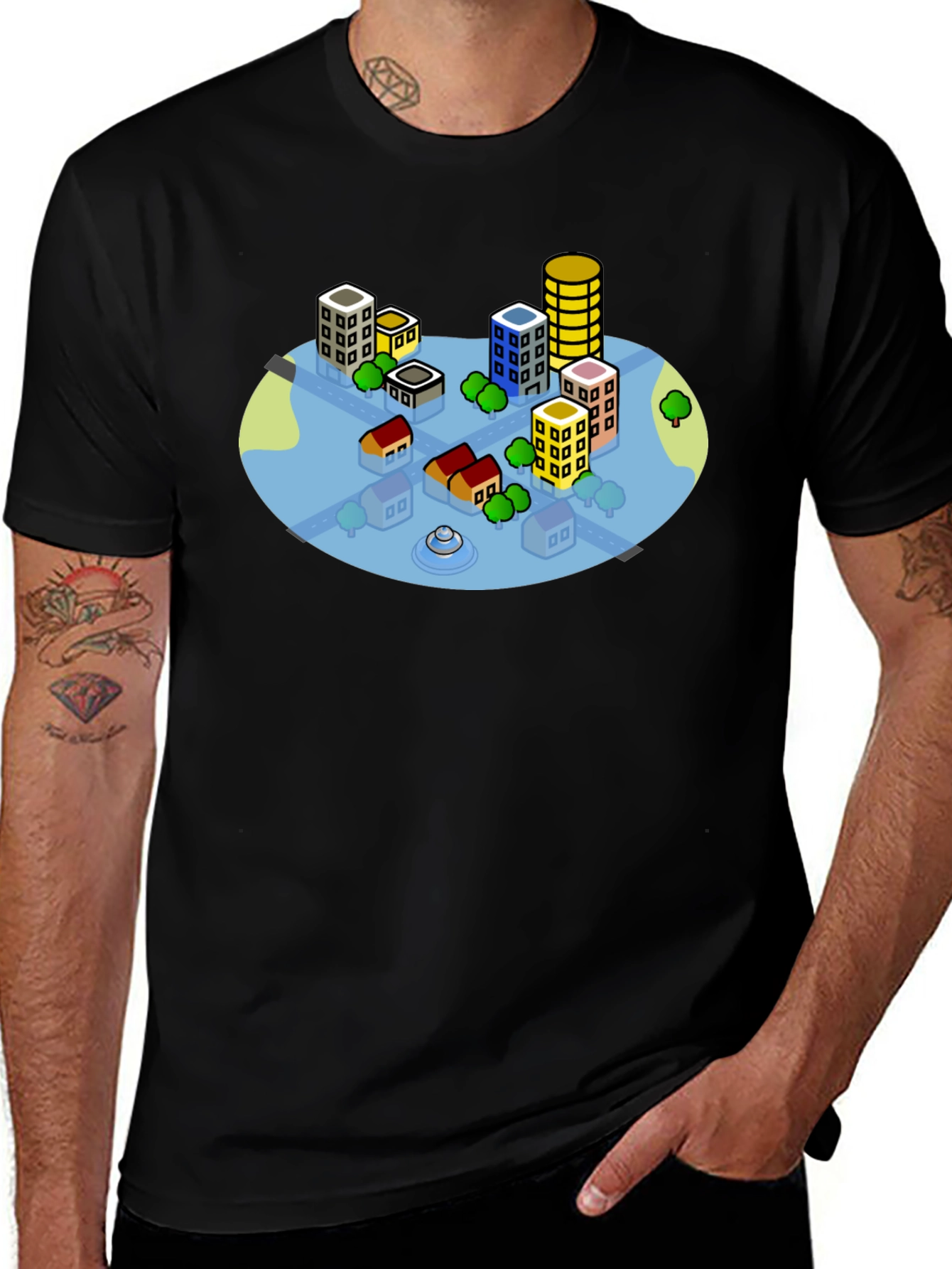 Cityscape Graphic Tee - Black Cotton T-Shirt