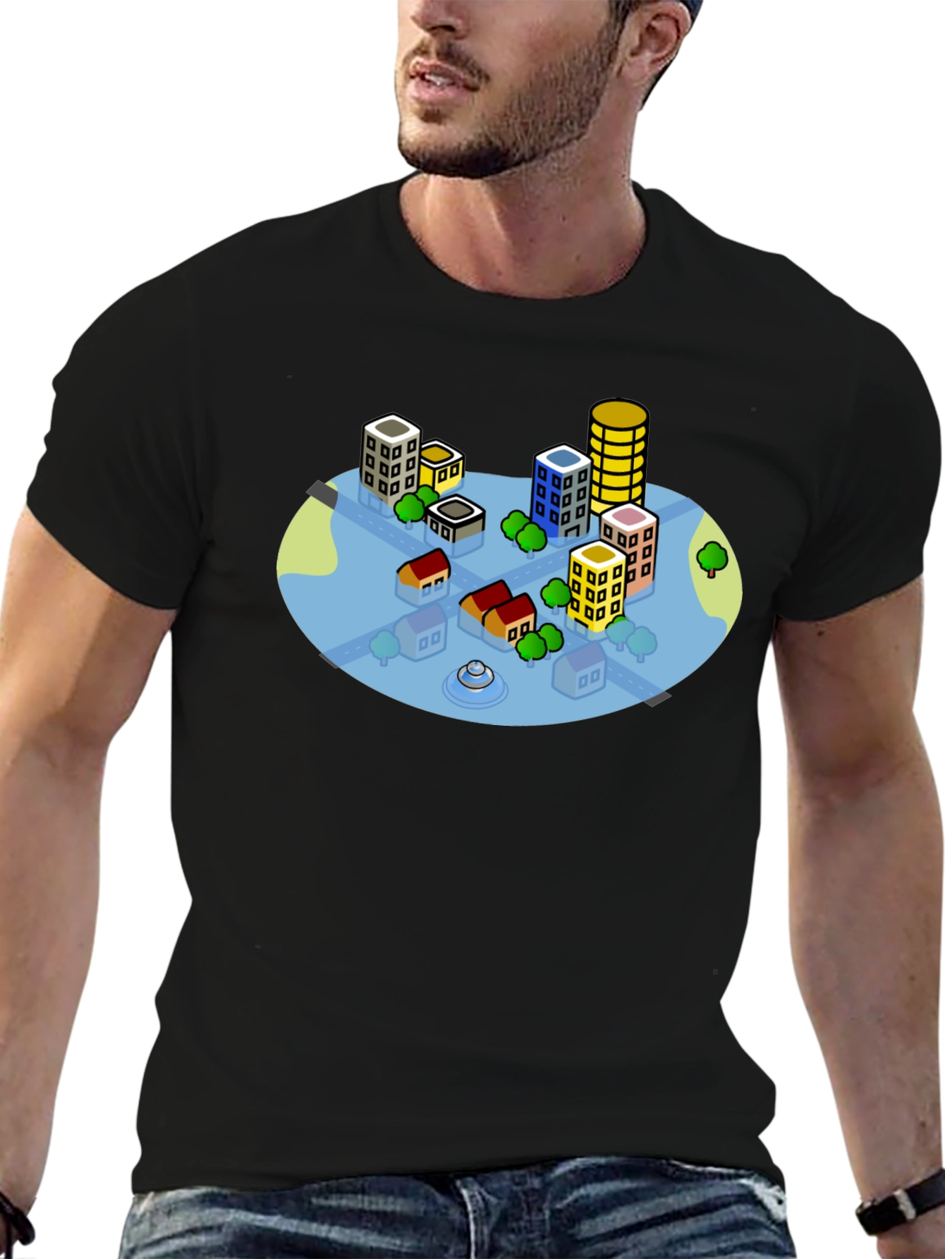 Cityscape Graphic Tee - Black Cotton T-Shirt