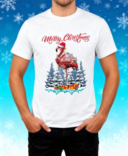 Merry Christmas Flamingo Graphic T-Shirt - 100% Cotton, Festive Exclusive for Holiday Parties & Casual Occasions