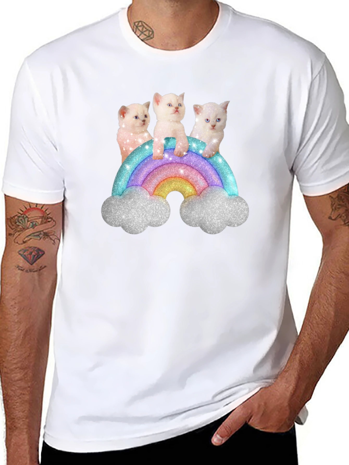 Cute Kitten Rainbow Graphic Tee - Black Unisex T-Shirt