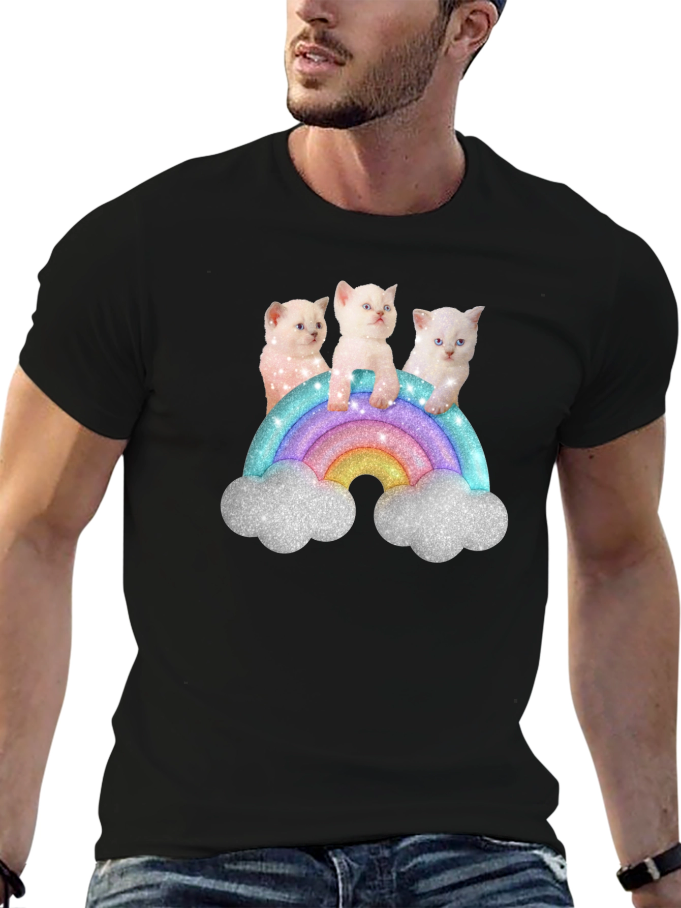 Cute Kitten Rainbow Graphic Tee - Black Unisex T-Shirt