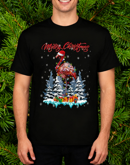 Merry Christmas Flamingo Graphic T-Shirt - 100% Cotton, Festive Exclusive for Holiday Parties & Casual Occasions