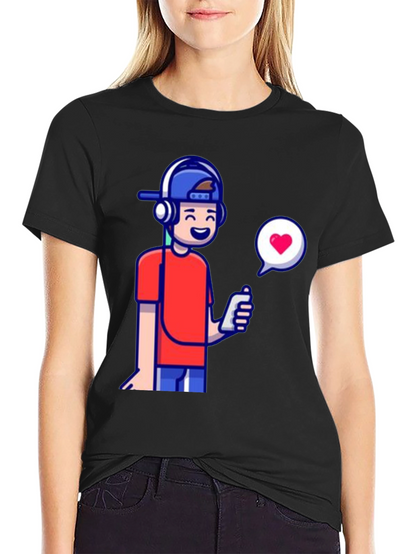Cool Cartoon Boy Graphic Tee - Black