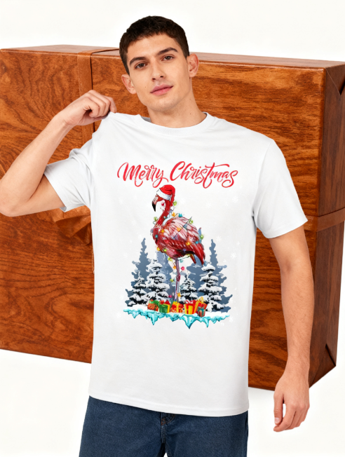 Merry Christmas Flamingo Graphic T-Shirt - 100% Cotton, Festive Exclusive for Holiday Parties & Casual Occasions
