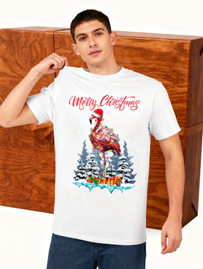 Merry Christmas Flamingo Graphic T-Shirt - 100% Cotton, Festive Exclusive for Holiday Parties & Casual Occasions