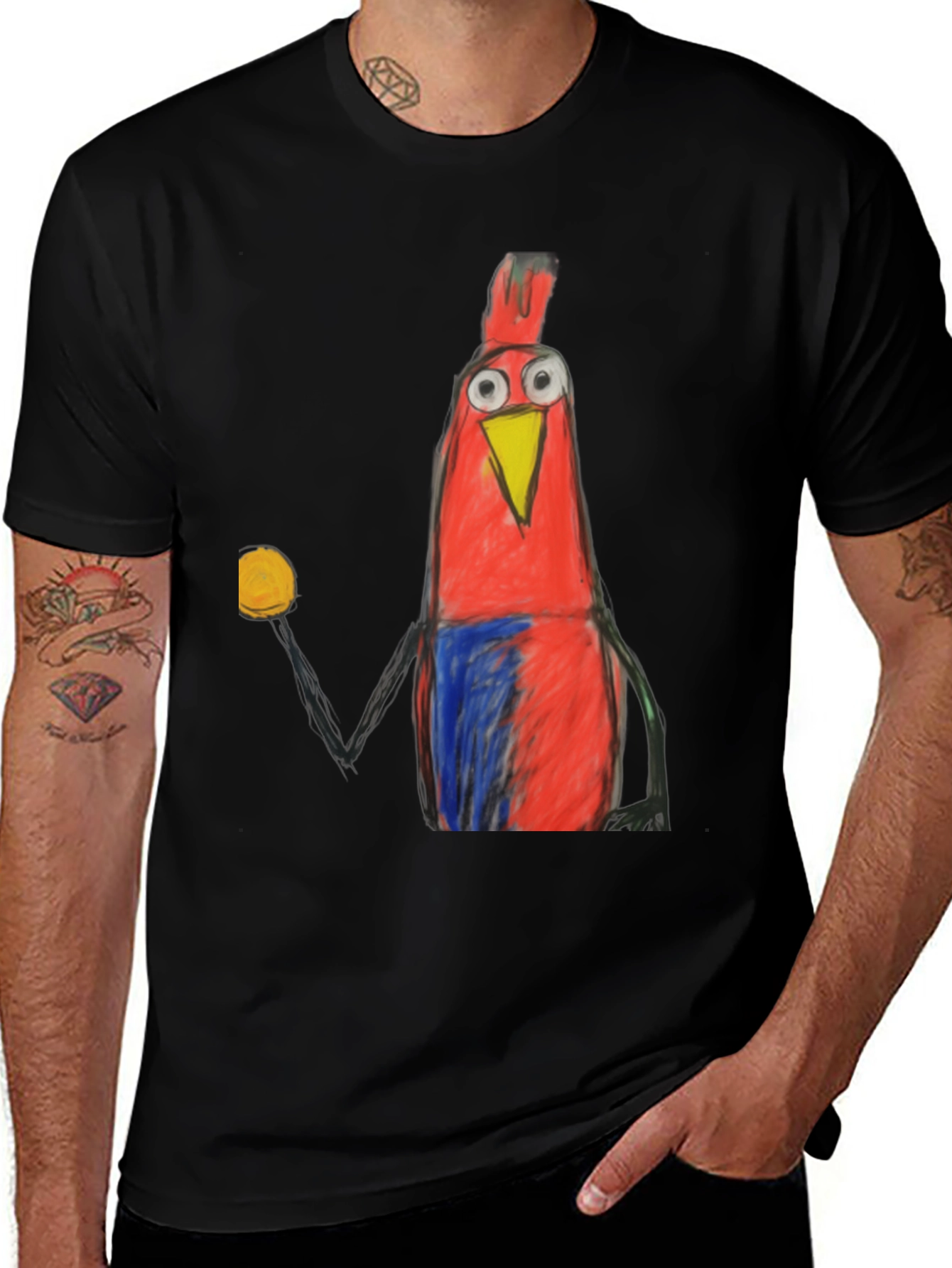 Cartoon Bird Graphic Tee - Funky Mens Black T-Shirt