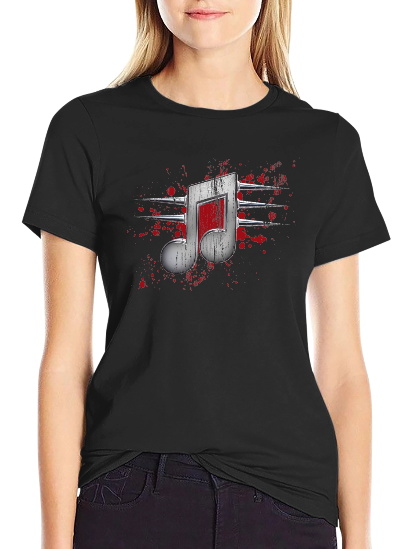 Edgy Music Note Graphic T-Shirt - Black