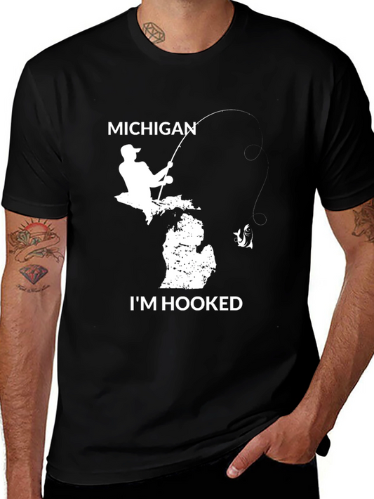 Michigan Fishing T-Shirt - Im Hooked - Black Cotton Tee