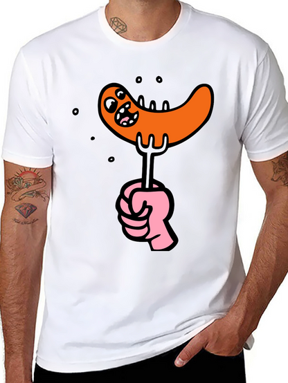 Funny Sausage Cartoon Graphic Tee - Black Cotton T-Shirt
