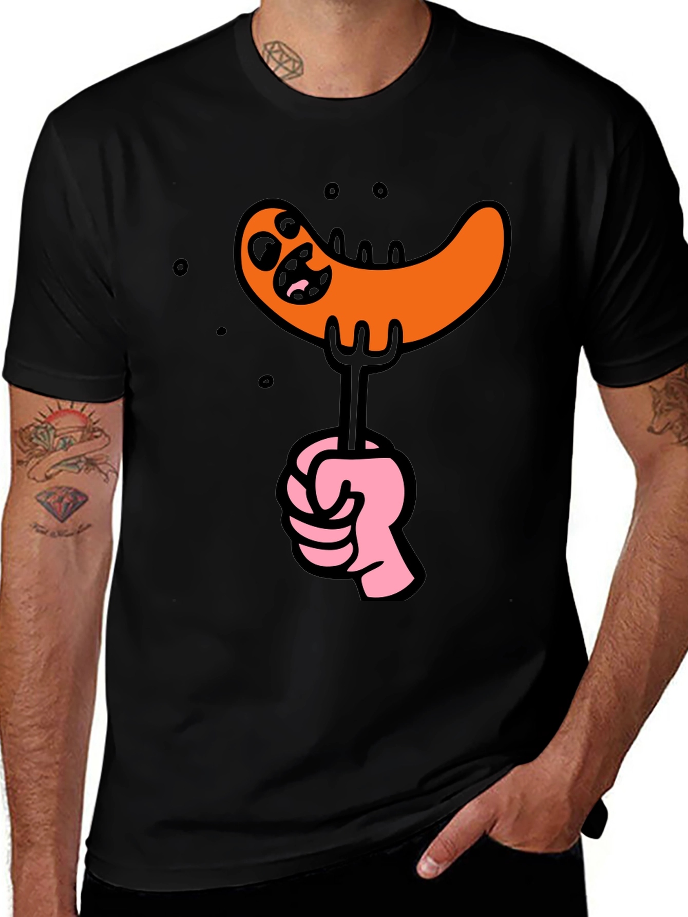 Funny Sausage Cartoon Graphic Tee - Black Cotton T-Shirt