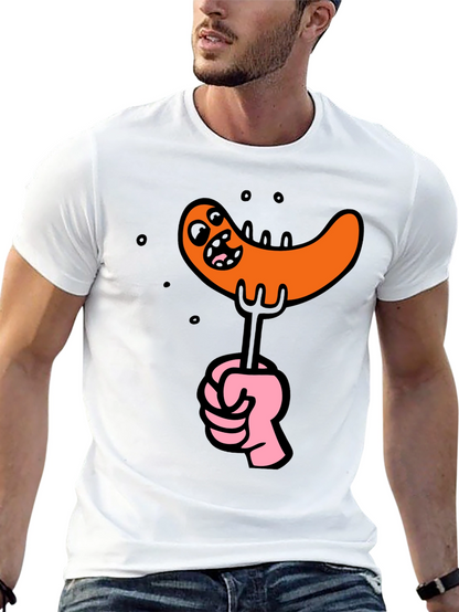 Funny Sausage Cartoon Graphic Tee - Black Cotton T-Shirt