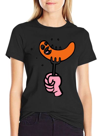 Funny Sausage Cartoon Graphic Tee - Black Cotton T-Shirt