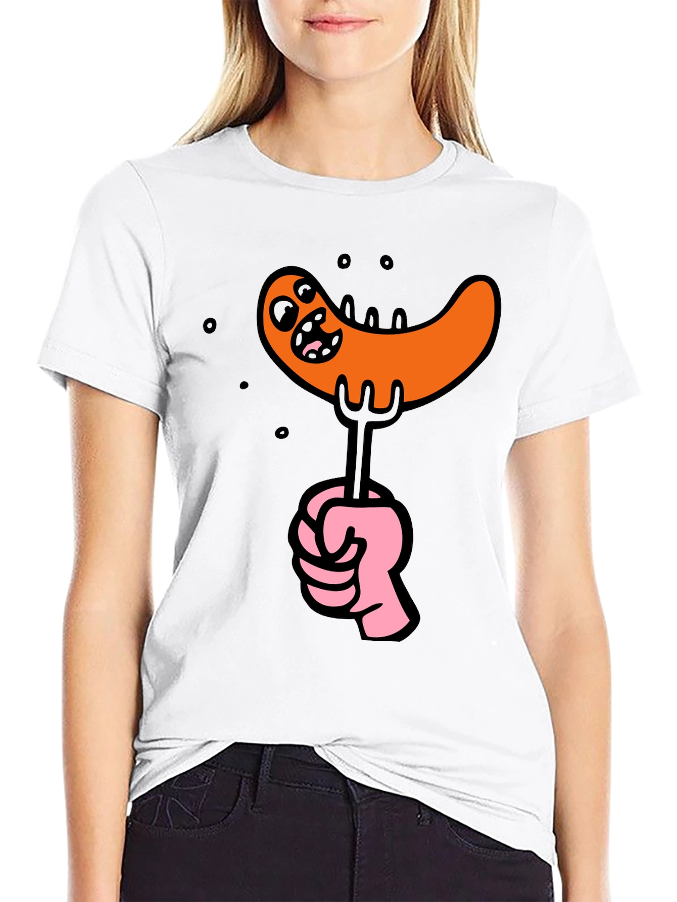 Funny Sausage Cartoon Graphic Tee - Black Cotton T-Shirt