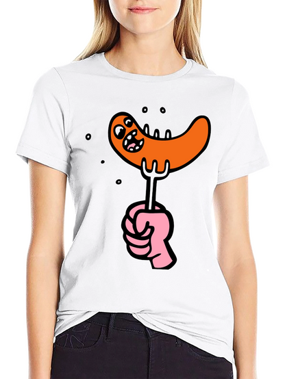 Funny Sausage Cartoon Graphic Tee - Black Cotton T-Shirt