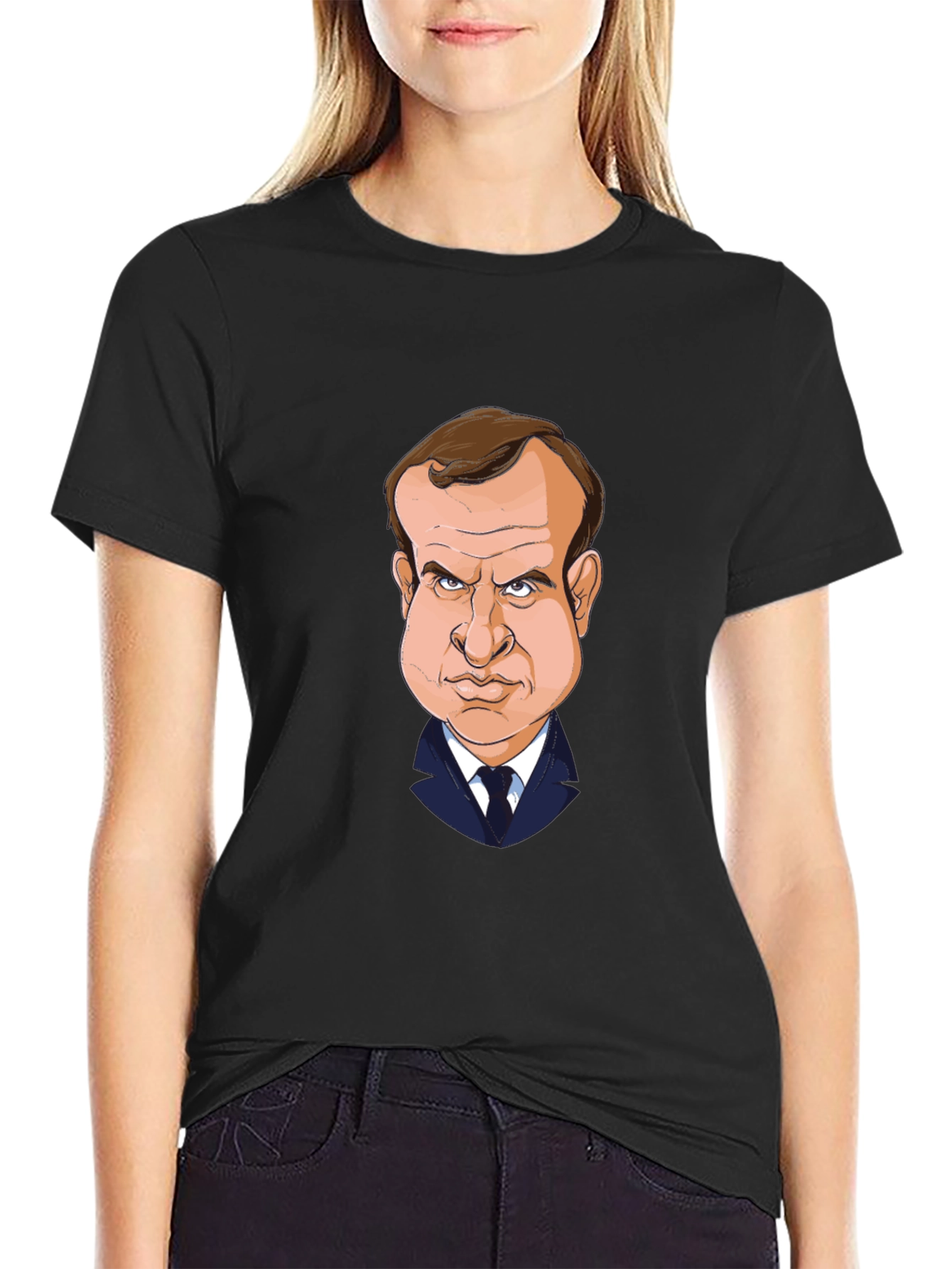 Macron Caricature T-Shirt - Black Cotton Tee