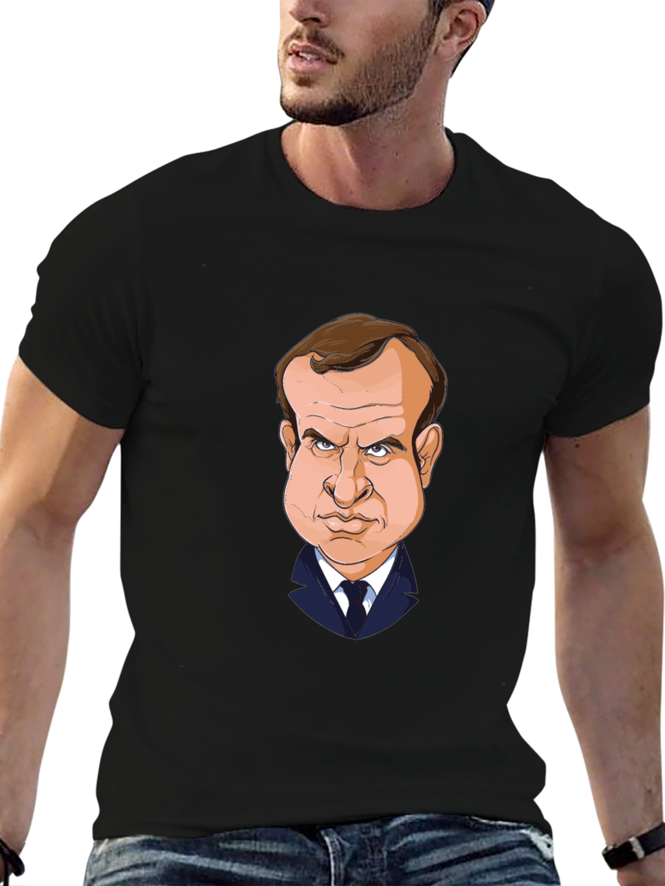 Macron Caricature T-Shirt - Black Cotton Tee