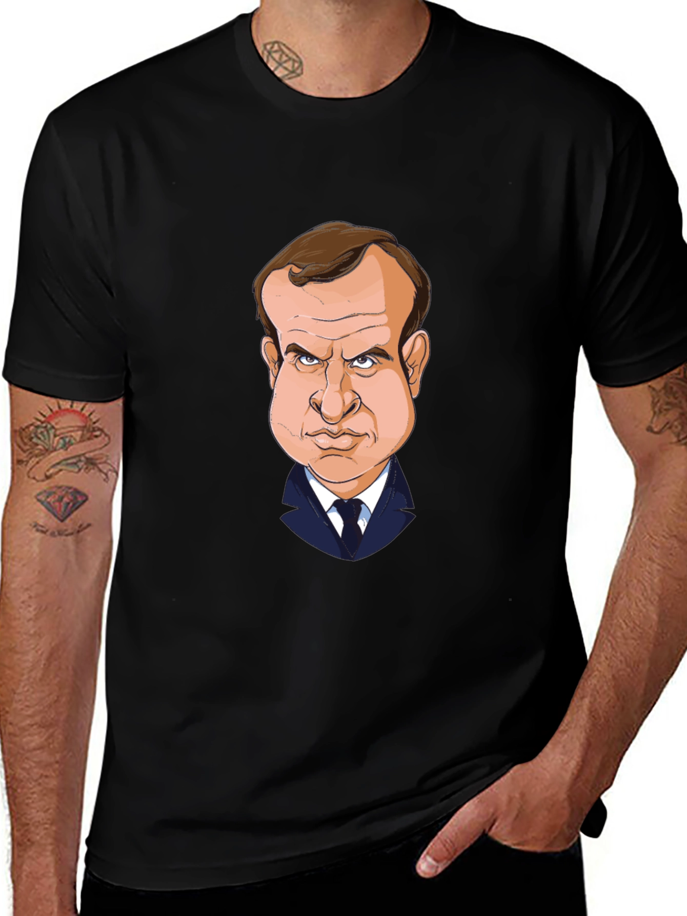 Macron Caricature T-Shirt - Black Cotton Tee