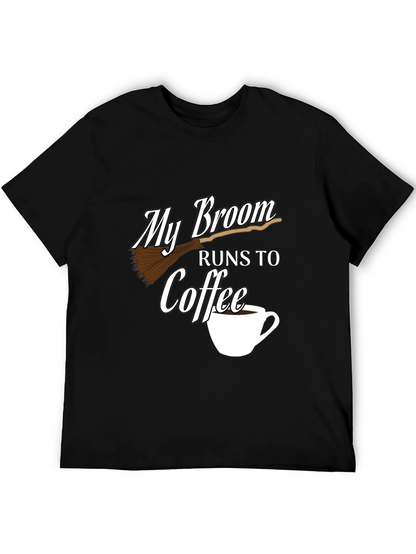 My Broom Runs To Coffee Black Graphic Tee