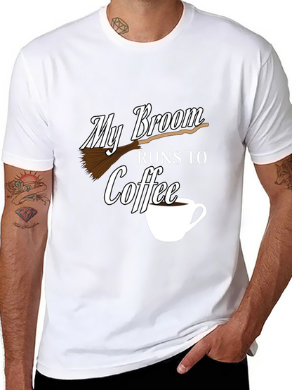My Broom Runs To Coffee Black Graphic Tee