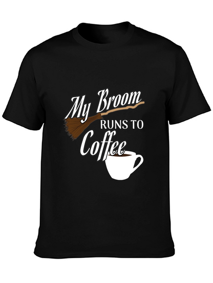 My Broom Runs To Coffee Black Graphic Tee
