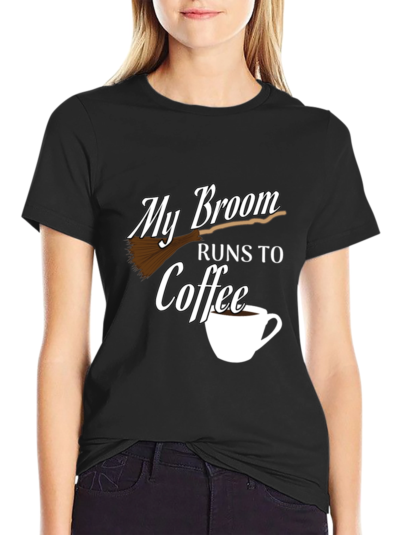 My Broom Runs To Coffee Black Graphic Tee