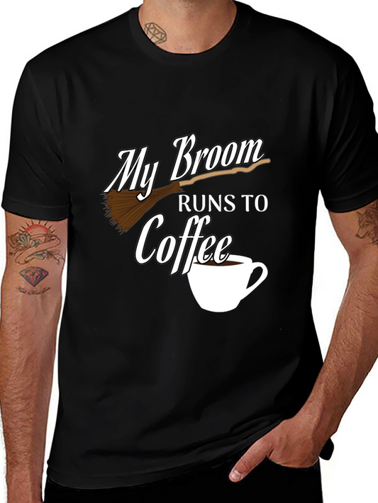 My Broom Runs To Coffee Black Graphic Tee