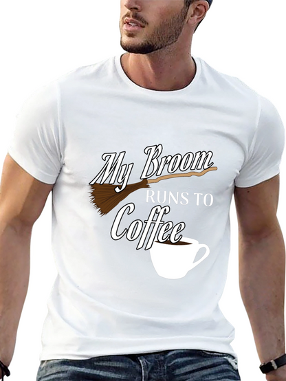 My Broom Runs To Coffee Black Graphic Tee