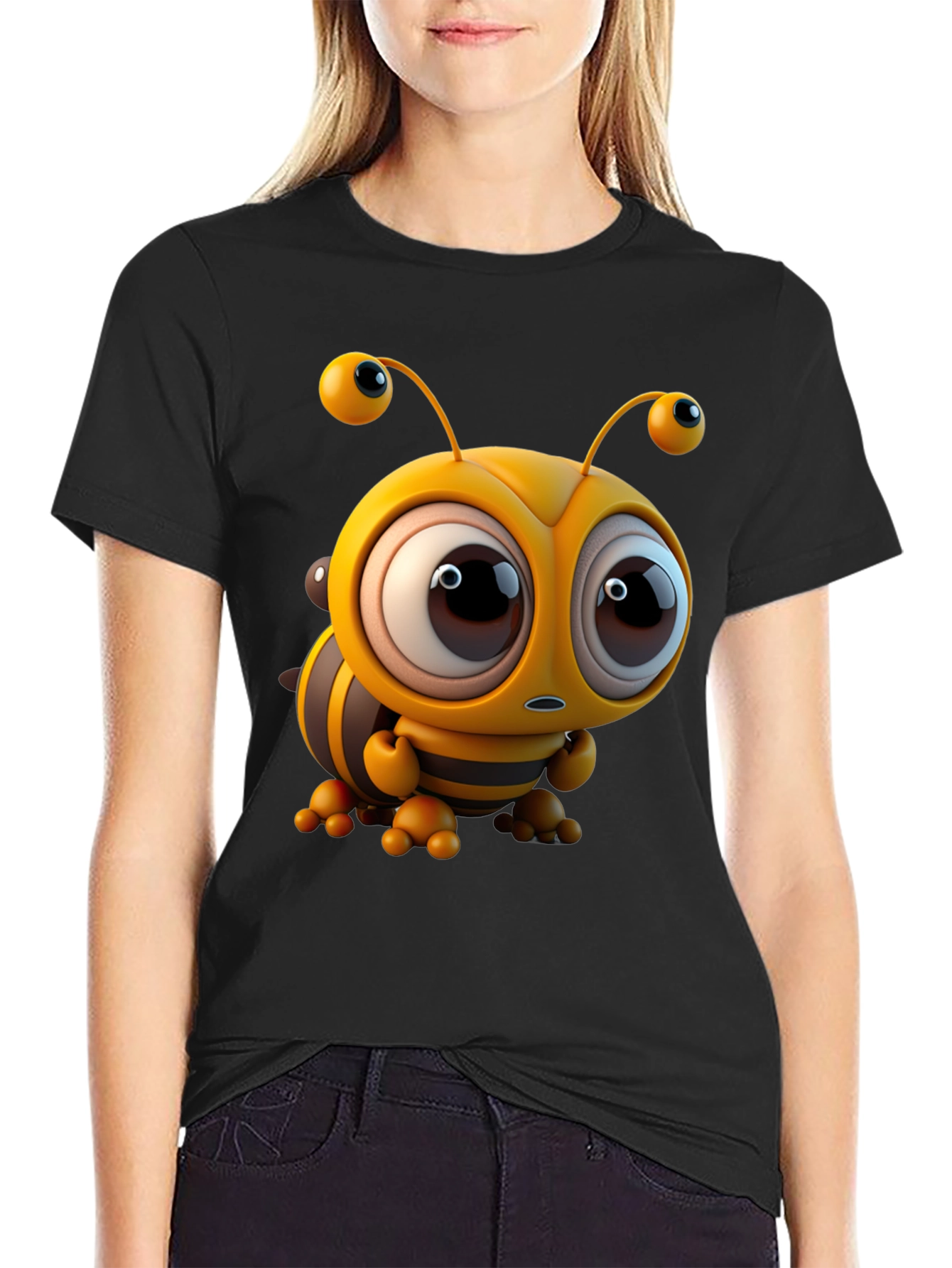 Cute Cartoon Bee Graphic Tee - Unisex Black T-Shirt