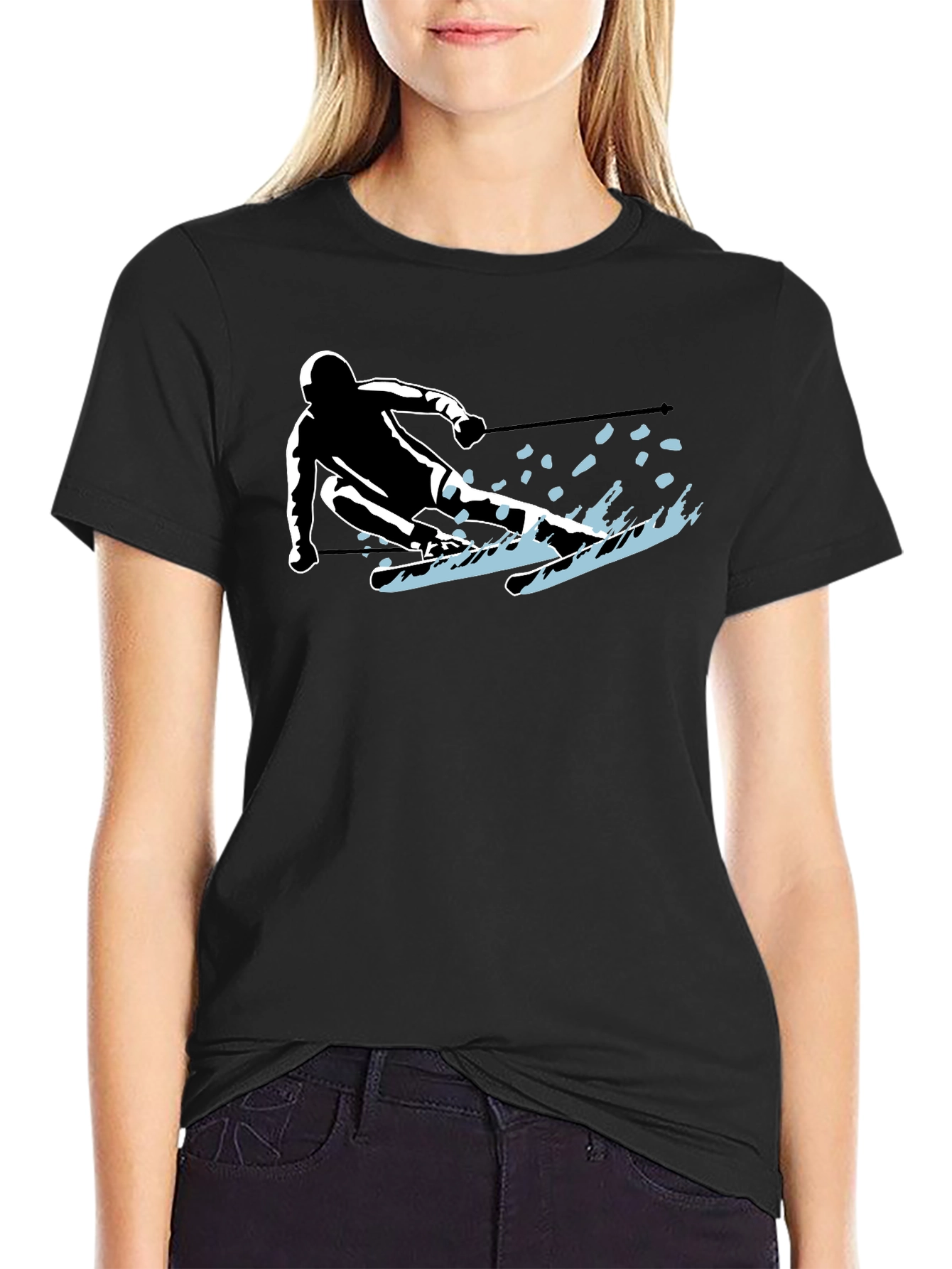 Skiing Silhouette Graphic Tee - Sporty Black T-Shirt