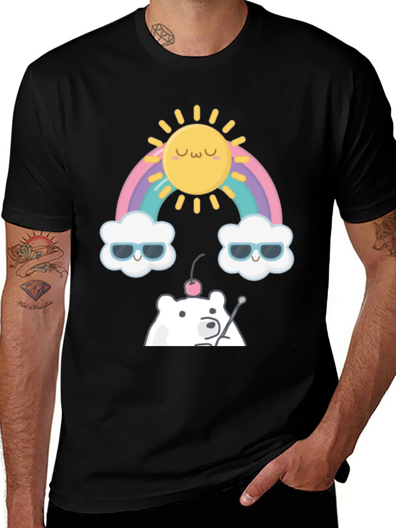 Kawaii Rainbow Bear Graphic Tee - Soft Cotton