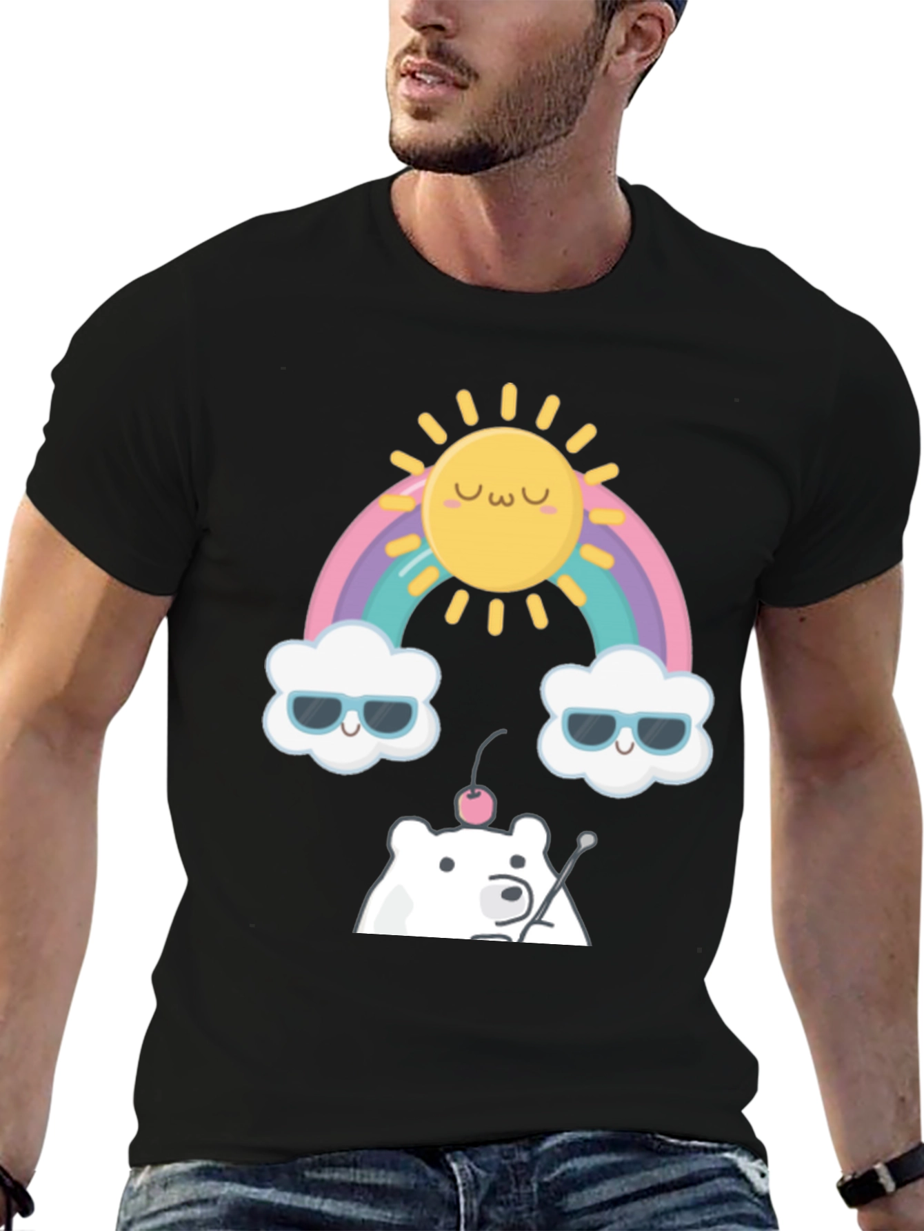 Kawaii Rainbow Bear Graphic Tee - Soft Cotton