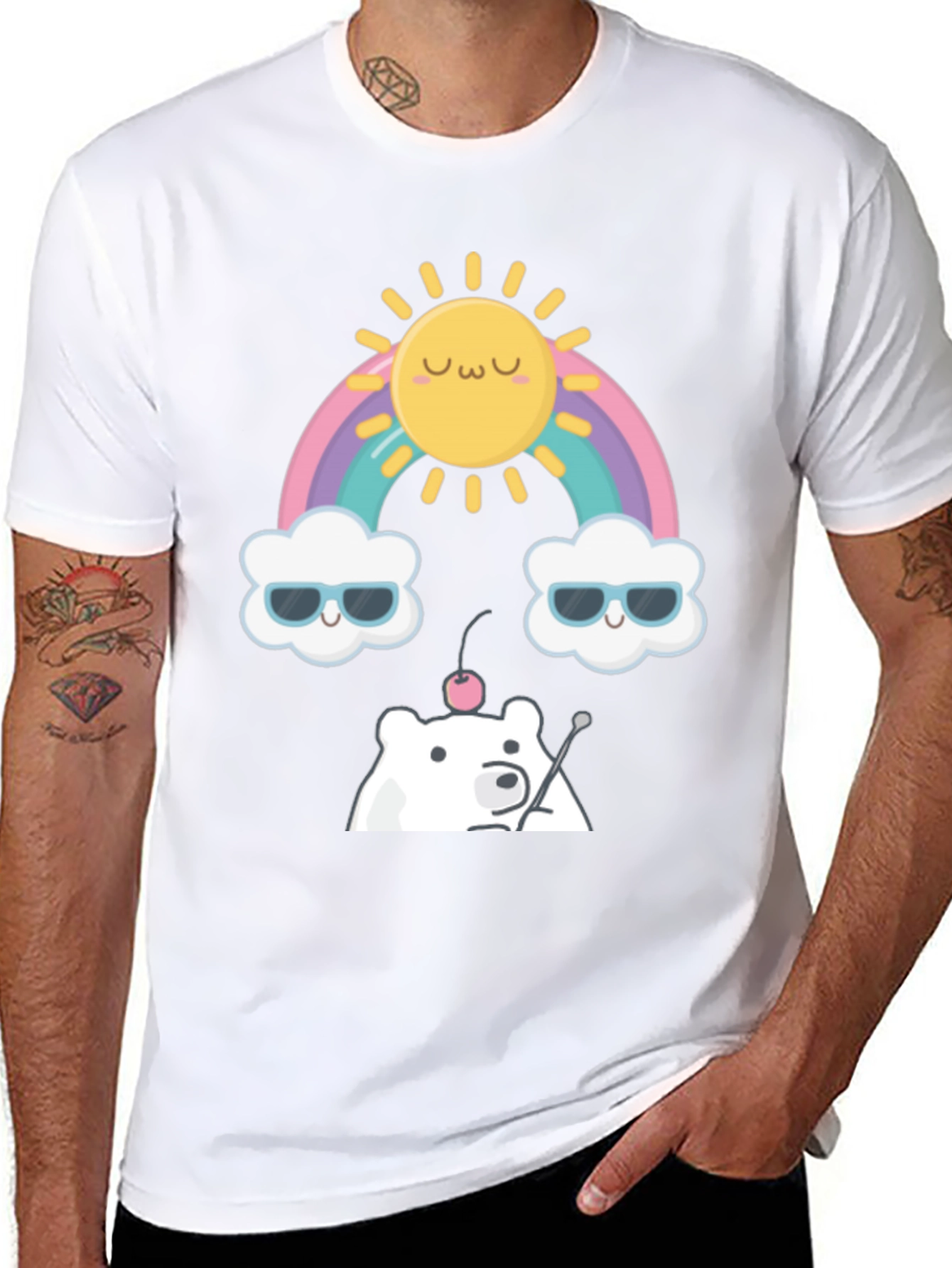 Kawaii Rainbow Bear Graphic Tee - Soft Cotton